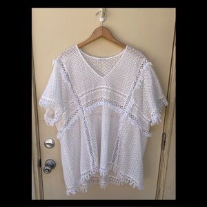 White Crochet w/ Fringe Poncho Style Swim Cover Up Sz L